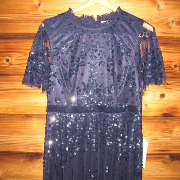MAC DUGGAL 9192 Sequined High Neck Flutter Sleeve A Line Gown Blue 12 - Picture 8 of 15